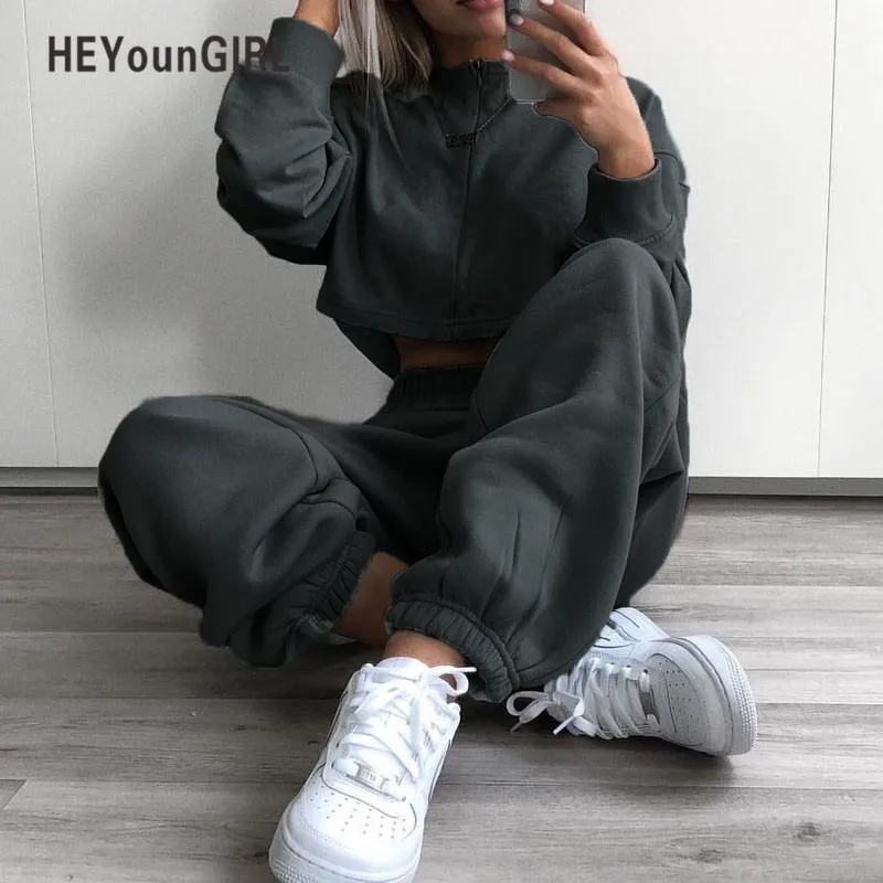 HEYounGIRL Winter Sweat Pants Women Casual Elastic High Waist Trousers Solid Gray Yellow Track Pants Capris Pockets Autumn 2019 HEYounGIRL Winter Sweat Pants Women Casual Elastic High Waist Trousers Solid Gray Yellow Track Pants Capris Pockets Autumn 2019