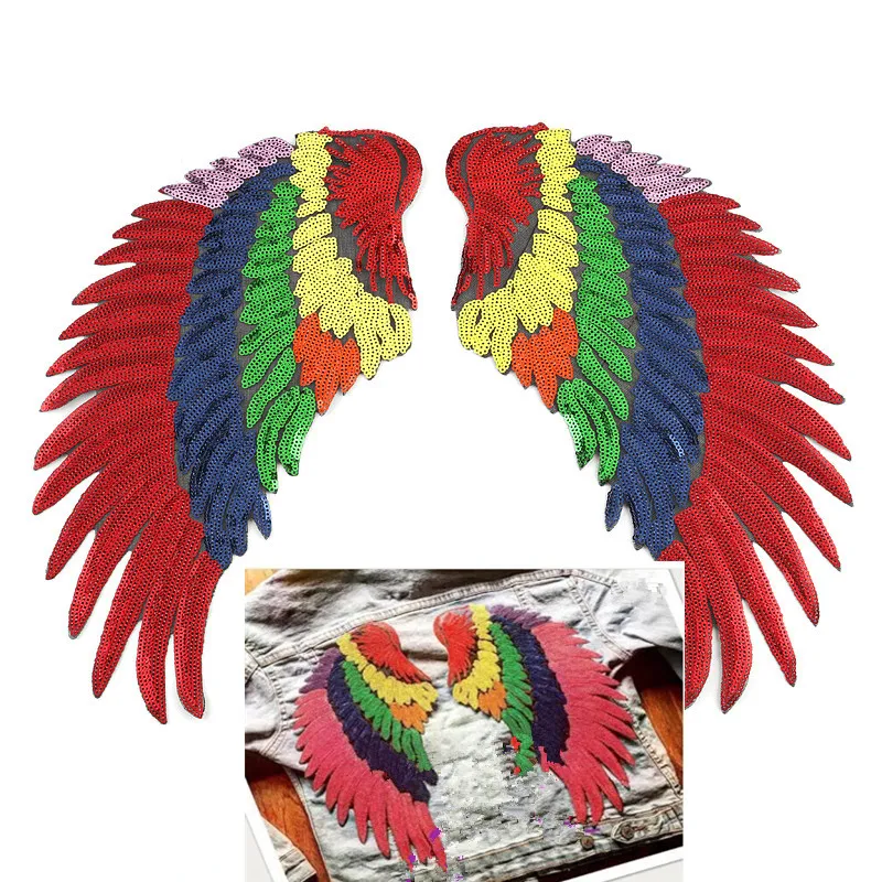 

1Pair Sequin Patch DIY Angel Wings Iron On Patches For Clothes Sew-On Embroidered Patch Motif Multicolor Applique Stickers
