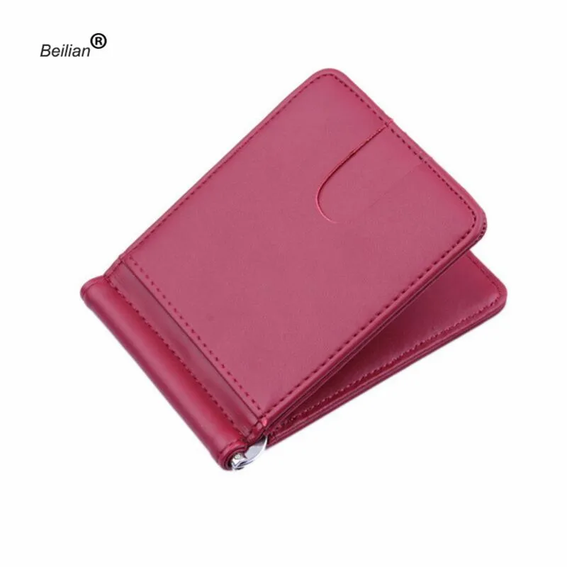 Top Quality Wallet Men Money Clip Mini Wallets Male Vintage Crazy Horse Genuine Leather Purse Leather Card Holers with Clamp - Цвет: wine red