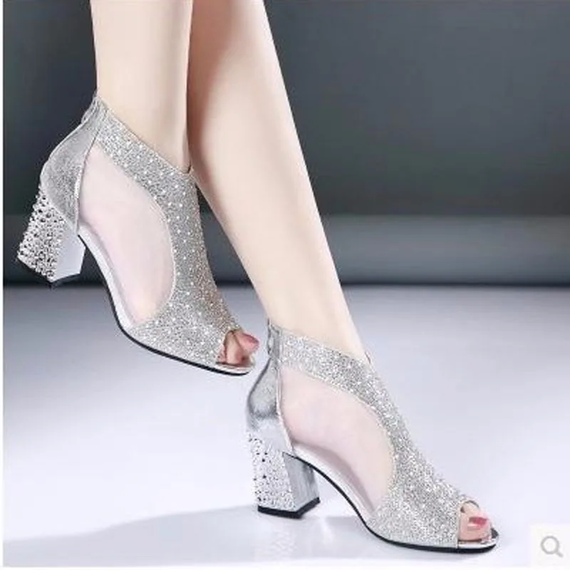 

Fashion 2018 Women Sandals Bling 7cm High Heels Diamond Summer Square Heel Women Shoes Wedding Shoes Leather Sandalia Mujer