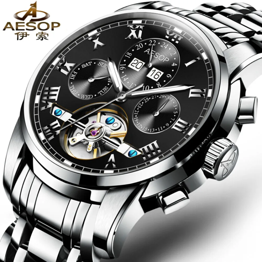 

AESOP Tourbillon Men'S Watch Automatic Self-Wind Hollow Black Dial Daydate Luminous Sapphire Stainless Steel Relogio Masculino