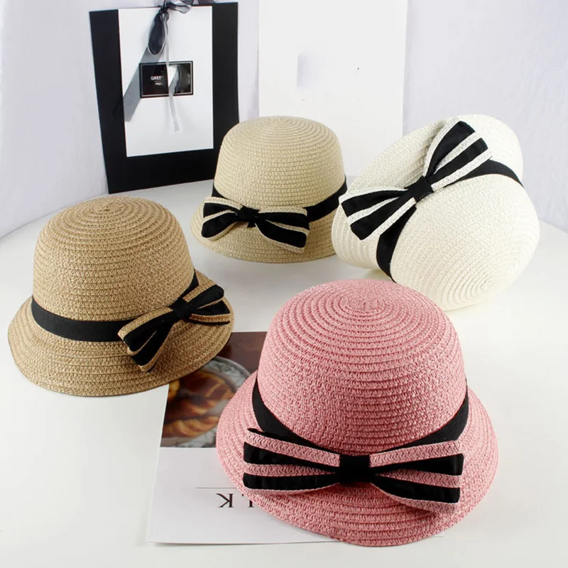Летняя соломенная шляпа с бантом для маленьких девочек; детская Солнцезащитная шляпа для девочек и мальчиков; детская пляжная Панама; Кепка для фотосессии