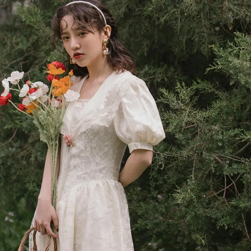 

Factory wholesale fashion brand vintage sailor collar lace dress female longer original retro was thin Organza dress wq2041