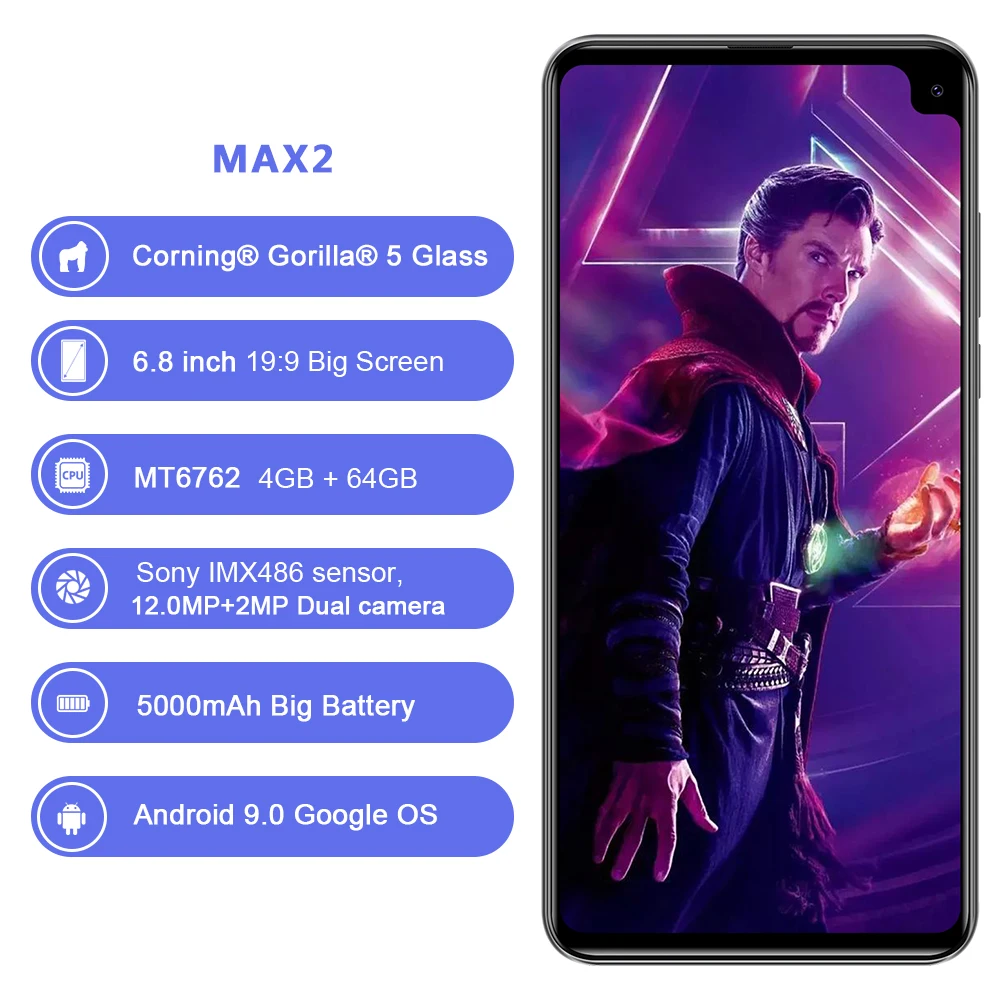 Смартфон Cubot Max 2 с восьмиядерным экраном 6,8 дюйма и большим экраном 5000 мАч, type-C, 4 Гб+ 64 ГБ, Android 9,0, двойная камера, 12 МП, 4G, LTE, Face ID Cellure