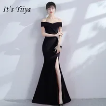 Женское платье с юбкой годе It‘s YiiYa, черное элегантное платье с вырезом лодочкой и разрезом на лето