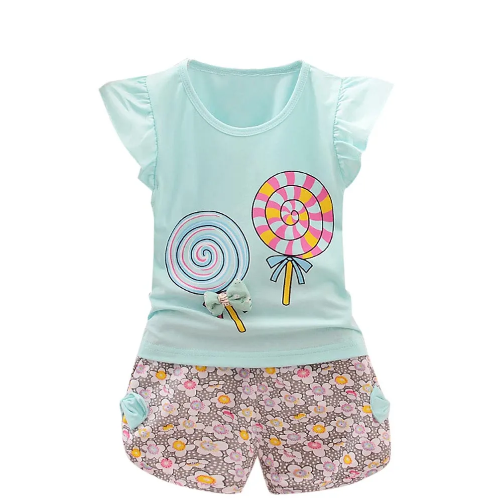 Летние милые комплекты принцессы для маленьких девочек из 2 предметов футболка с рисунком леденца топ+ короткие штаны, комплект одежды, HOOLER - Цвет: Light Blue