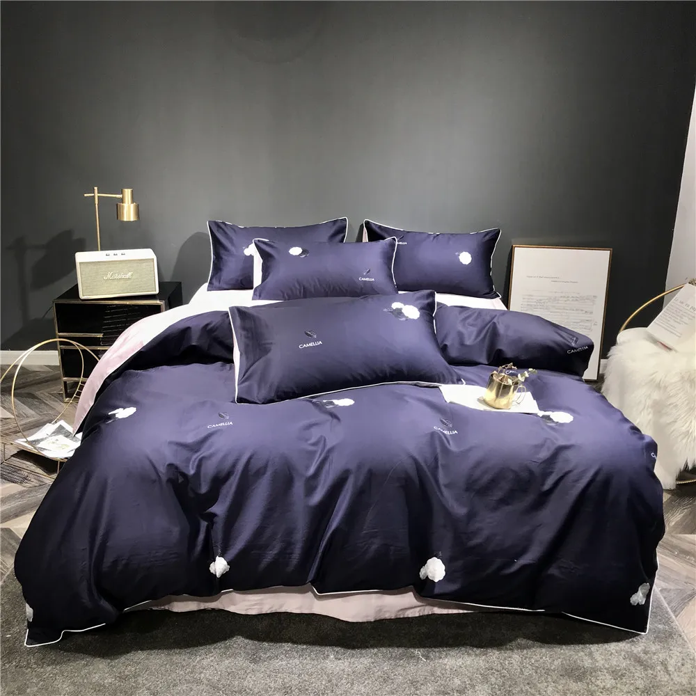 

2018 Simple Dark Blue Bedlinens Egyptian Cotton Digital Print Bedding Sets Queen King Size Bedsheet Duvet Cover Set