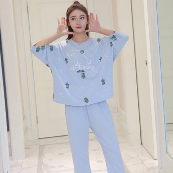 

Summer Women Pajamas Set Pure Cotton 2 Pieces Loose Cartoon Print Sleepwear Nightwear Pyjamas