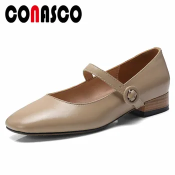 

CONASCO Retro Mary Jane Pumps High Heels Genuine Leather Buckles Weddding Party Shoes Woman Elegant Office Pumps Female Shoes