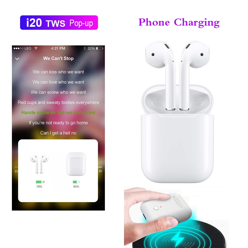 

i20TWS Pop-up Bluetooth 5.0 Earphone Phone Charging Earbuds Wireless 4D Stereo Headset For Mobile Phone PK W1 Chip