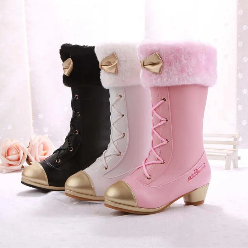 Girls snow boots with high heels butterfly knot princess boots platform children winter shoes 3