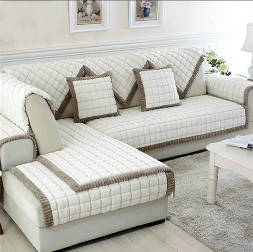 Us 12 44 11 Off White Grey Plaid Sofa Cover Plush Long Fur Slipcovers Fundas De Sectional Couch Covers Sm5682 Free Shipping In