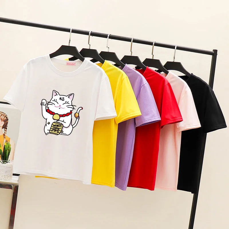 

2019 Summer Lucky Cat Print Short Sleeve T-Shirt Couple Casual Shirt 6 Piece Combination Large Size T-Shirt S-3Xl