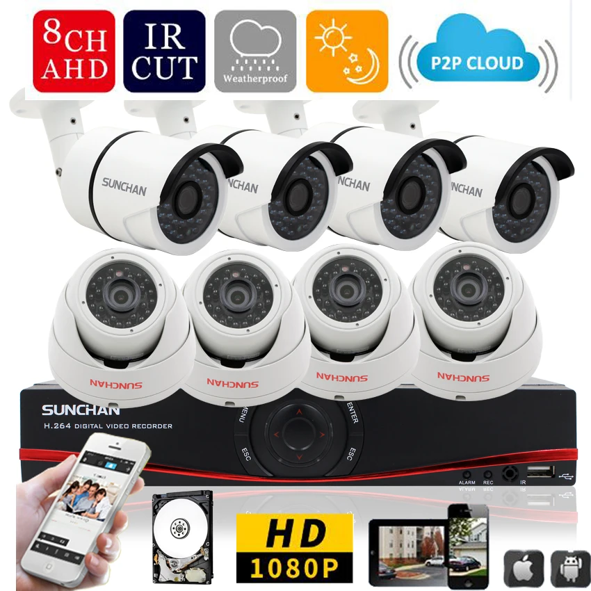  SUNCHAN 8ch 1080P AHD-H DVR 8PCS HD 2.0MP 1080P In/Outdoor Security Camera DVR Kits CCTV Home Surveillance System w/ HDD 
