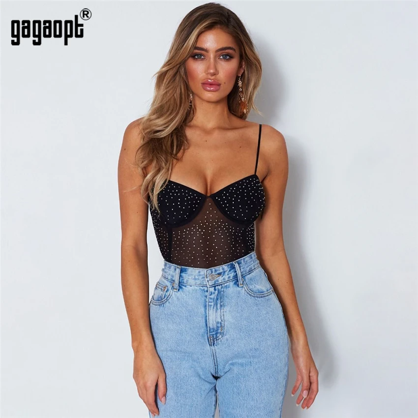 short sleeve bodysuit Gagaopt Lace Bodysuit Women Rhinestone Perspective Sexy Bodysuit Black/Khaki Mesh Bodysuit Jumpsuit Overalls Sleepwear plus size bodysuit