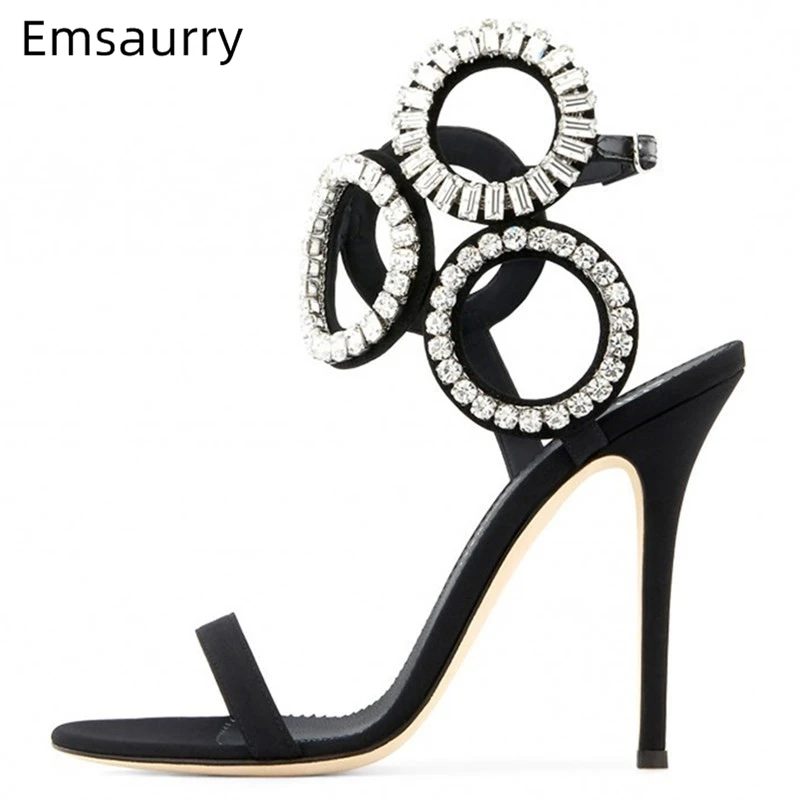 

Crystal Round Circle Gladiator Sandals Women Stiletto Heel One-strap Luxury Satin Rhinestone Summer Sandalias Mujer 2019