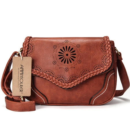 

JIULIN Brand Women Shoulder Bag Vintage Pu Leather Crossbody Bag Hollow Out Ladies Satchel Bag Brown Retro Handbag for Girls