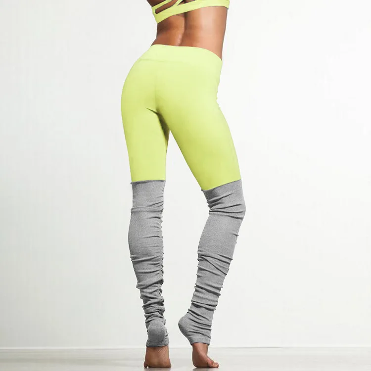 JIGERJOGER женские штаны для йоги размера плюс 6 неоновый желтый VS светильник серый патч сморщенный сложенный быстросохнущие спортивные Леггинсы Одежда