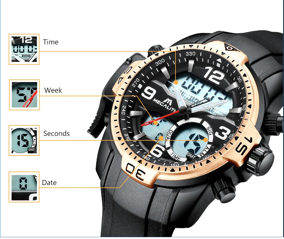 MEGALITH Топ бренд мужские модные спортивные часы для мужчин кожаный светодиодный цифровой кварцевые наручные часы Водонепроницаемый Будильник хронограф мужские часы