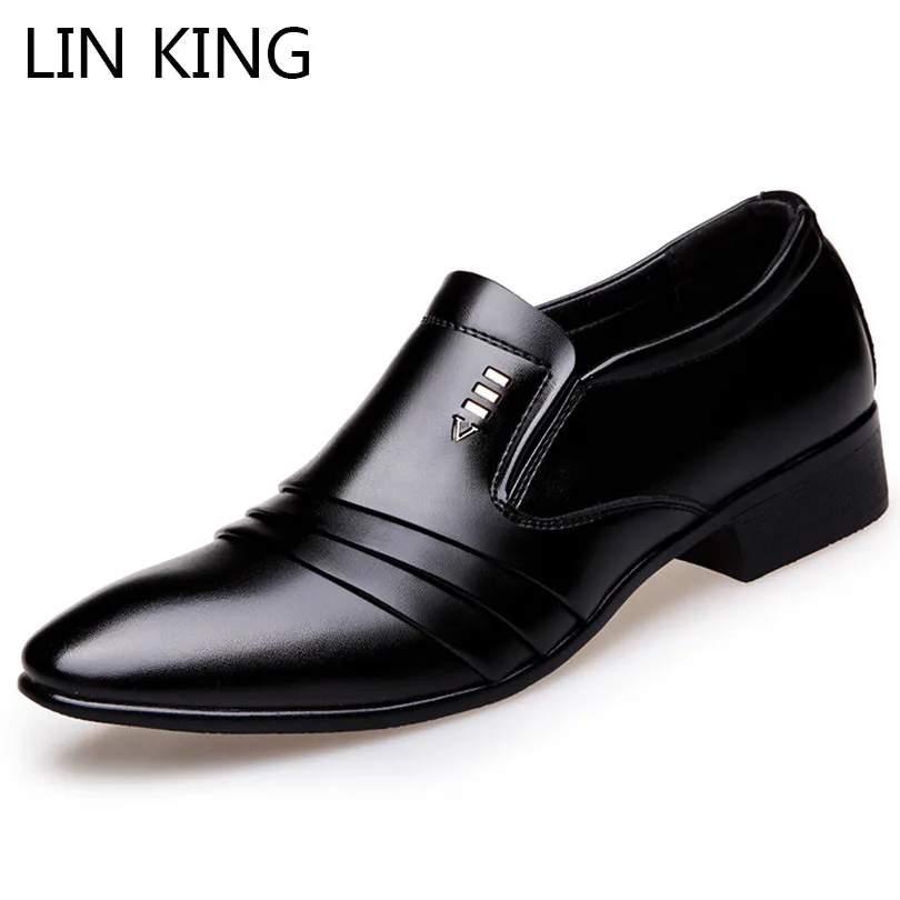 

LIN KING Black Men Casual Shoes Leather Dress Shoes Slip On Low Top Formal Shoes Pointed Toe Wedding Party Oxfords Shoes For Man