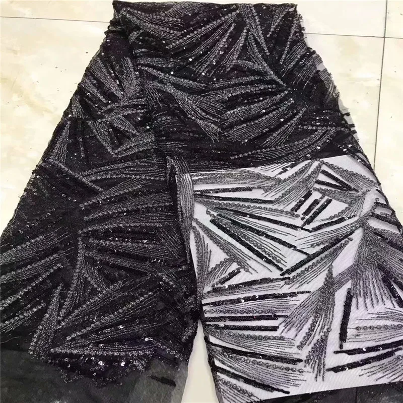

Nigeria High Quality Black Leaves Embroidered Laces Fabrics High Quality Tulle French Sequin Net Lace Fabric