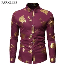 Роскошная мужская рубашка с золотым цветочным принтом и бронзовым принтом, новинка, брендовые, с длинным рукавом, Camisa Masculina, вечерние, для свадьбы, смокинг, рубашка для мужчин