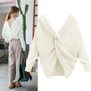 

Women Casual V-neck Back Twisted Sweater Women Pullovers Casual Tops Long Sleeve Knitted Sweaters Best Sale-WT