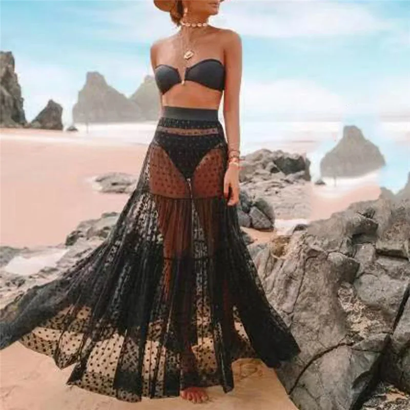 

ITFABS New Beach Women Bikini Cover Up Mesh Polka dot Swimwear Sheer Summer Maxi Wrap Sarong Pareo Dress Cover Ups