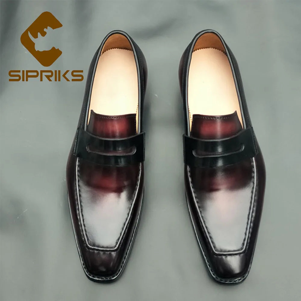US $250.29 Sipriks Mens Genuine Calfskin Shiny Loafers Red Black Penny Loafer Italian Handmade Goodyear Welted Dress Shoes Slip On Footwear