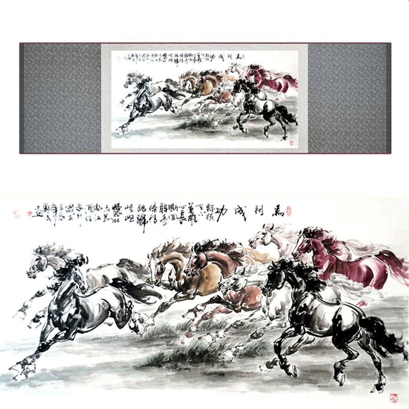 

top quality Chinese Horse silk painting Horse art painting Silk scroll art painting eight horse painting19062705