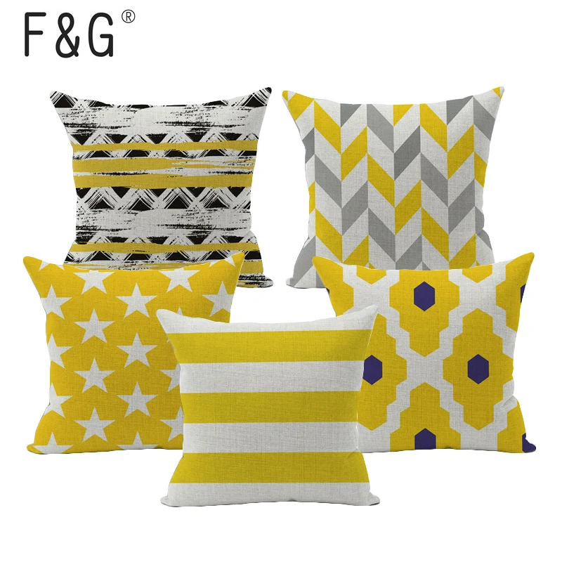 

Wholesales Linen Pillow Cover Yellow Grey Cushion Cover Nordico Geometric Style Home Decorative Pillow Case 45x45cm