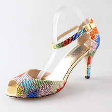 Handmade rainbow color rhinestone crystal D’orsay bridal shoes tropical theme wedding heels open peep toe party prom shoes