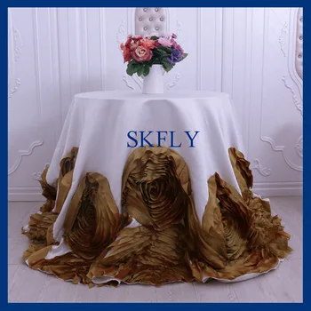 

CL052P nice wedding fancy thick satin and taffeta 96 inch round gold and ivory cake table cloth with rosette