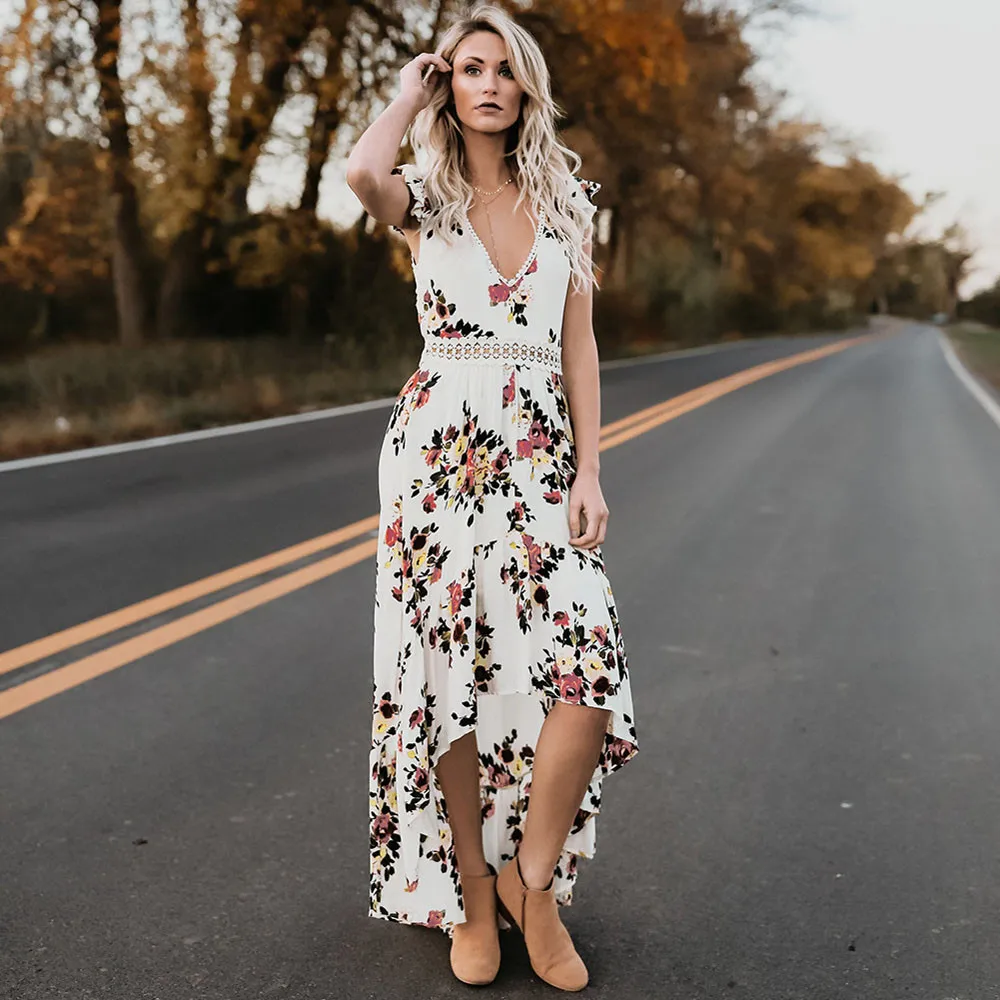 

Women Summer Floral Flower Dress Deep V Neck Sexy Backless Dress Summer Asymmertrical Lace Long Dress