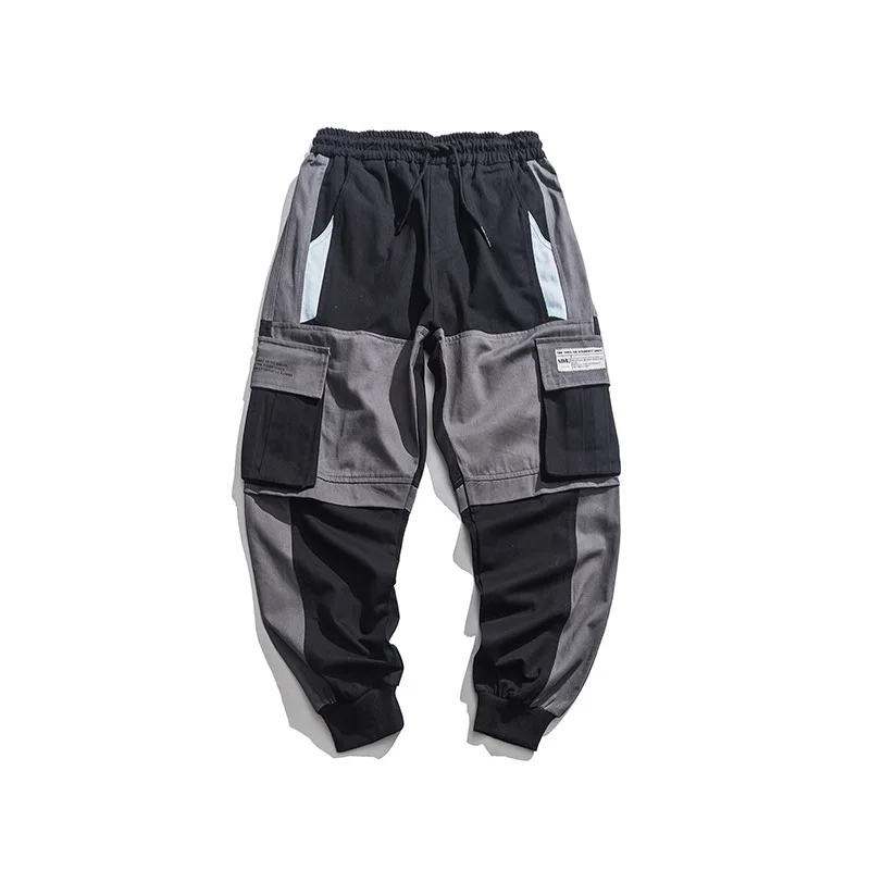 

Outdoor 2019 Spring Autumn elastic waist patchwork elastic waist hip hop loose Drawstring Cargo ribbon teenagers pants men