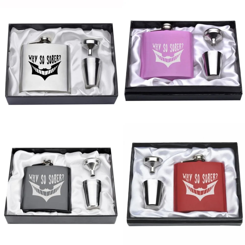 

Set of Engraved Stainless steel 6oz Why so Sober Hip Flask Set Funnel+2 Cups With Gift Box Friend Wedding Hen Night Gift Decors