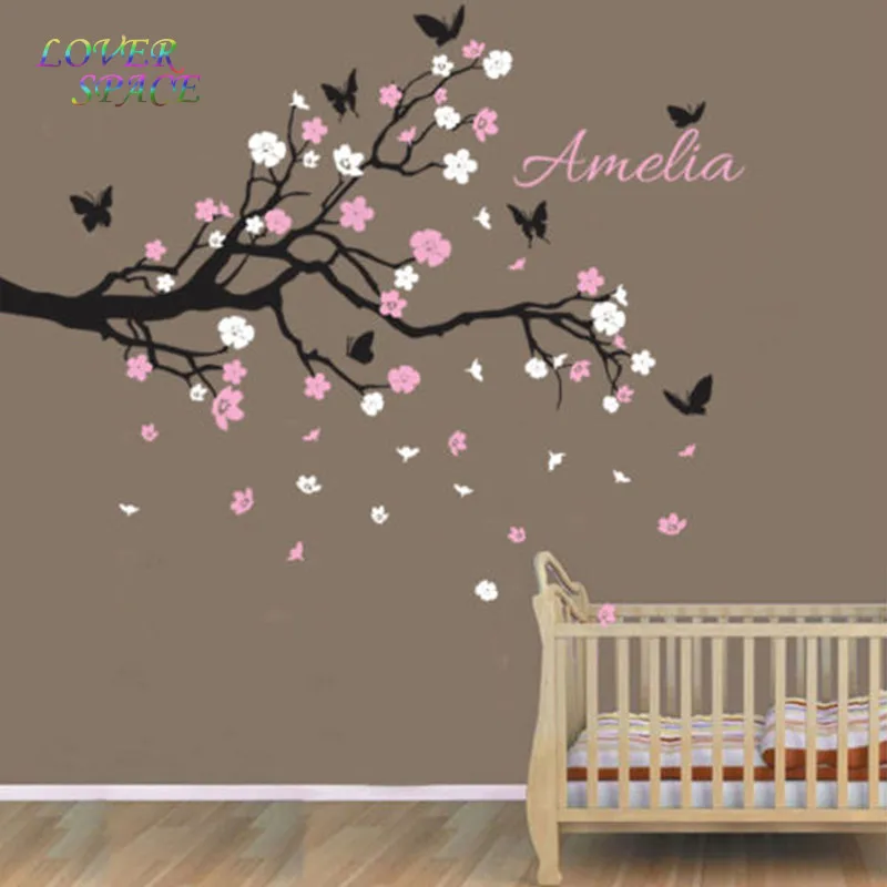 Custom your kids name with Birds Branch Floral wall sticker 