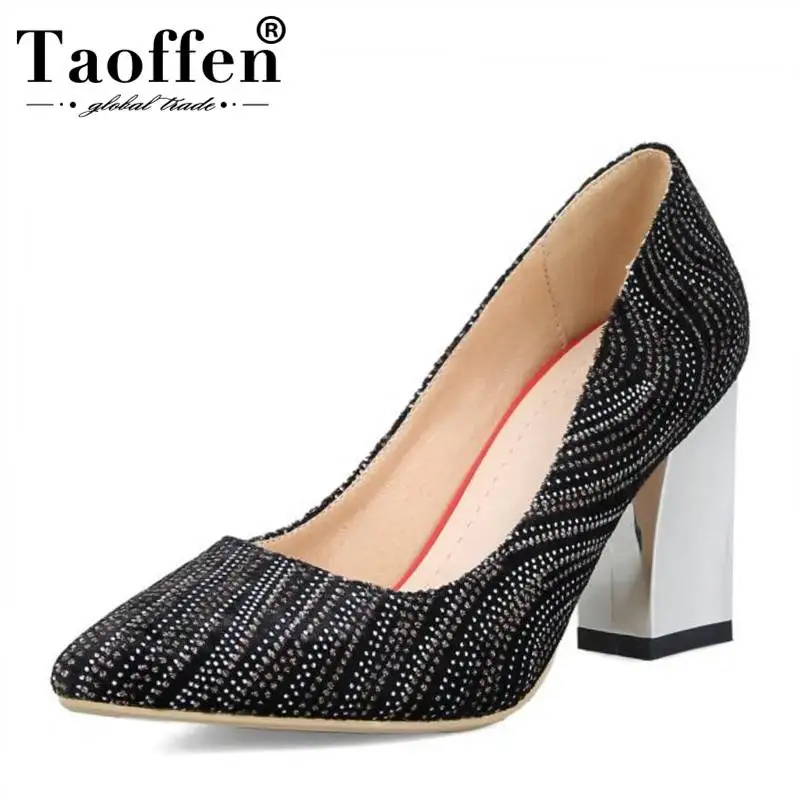 

TAOFFEN Size 32-44 4 Colors Women High Heel Shoes Thick Heels Shine Women Pumps Ornate Shoes Lady Party Footwear