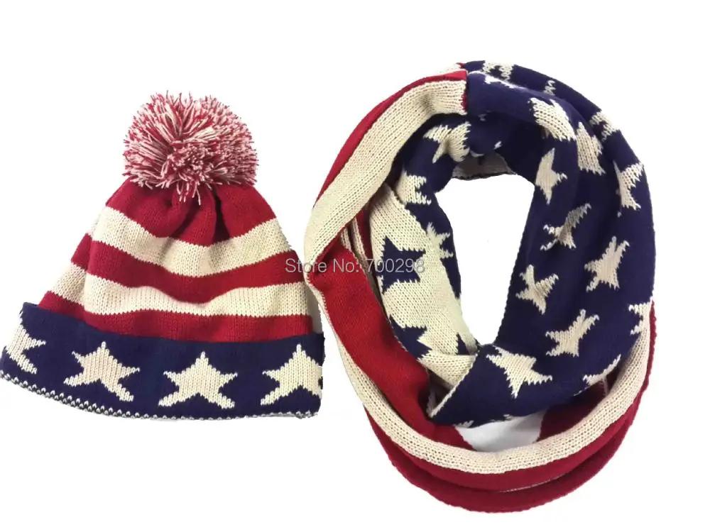 Звезда полоса американский флаг вязаный шарф и шляпа набор зимние аксессуары для женщин и мужчин
