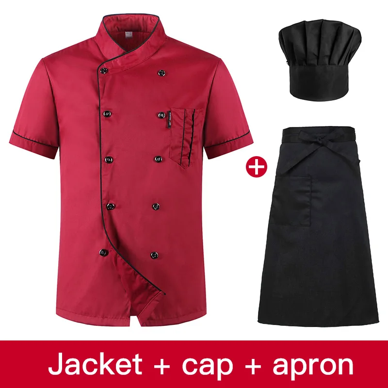 Short Sleeved Restaurant Chef uniforms Hotel Kitchen chef clothes Men and Women uniforms Breathable Jacket+ Hat+ Apron Summer - Цвет: jacket cap apron