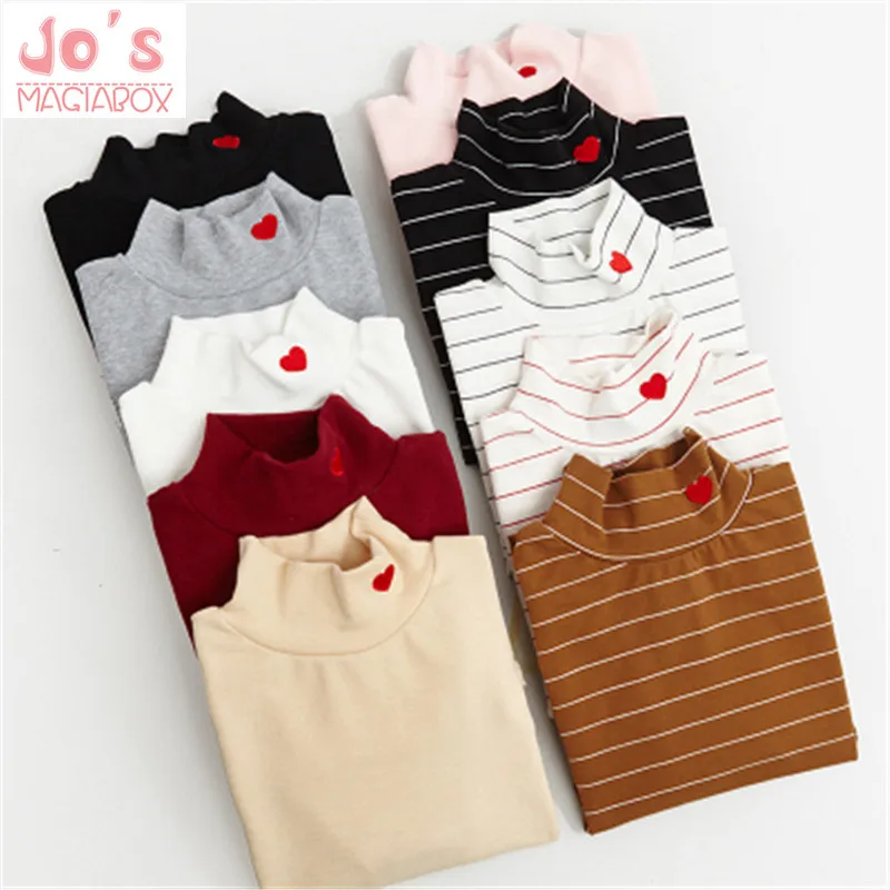  Sping Style Fashion Women Striped Harajuku Candy Colors Hearts T Shirt Kawaii Cotton Turtleneck Cas