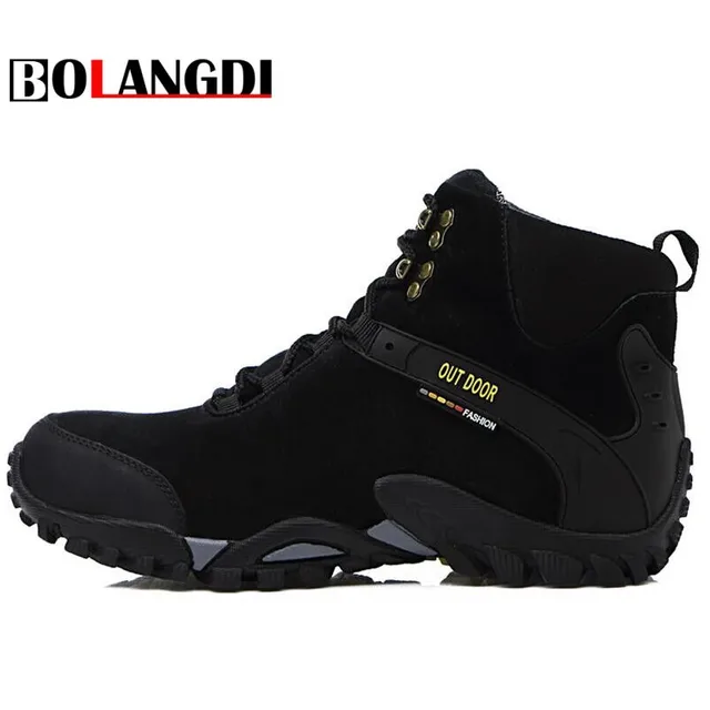 Bolangdi 2017 New Men Boots Autumn Winter Genuine Leather Plush Keep Warm Hiking Shoes Trekking Mountain Climbing Sneakers