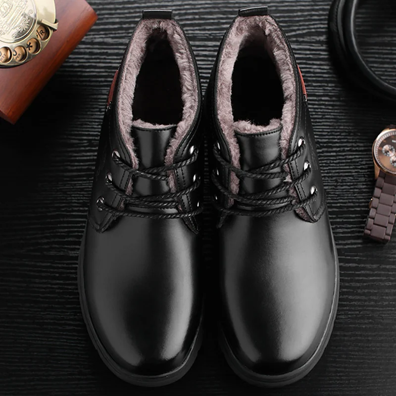 

Men's leather boots short plush high quality winter boots men lace-up designer non-slip warm ankle boots for men