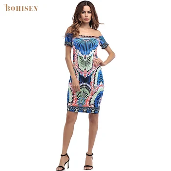 

BOHISEN Dashiki African Print Women Clothes Short Sleeve Off The Shoulder Bodycon Clothing Party Ladies African Midi Dresses