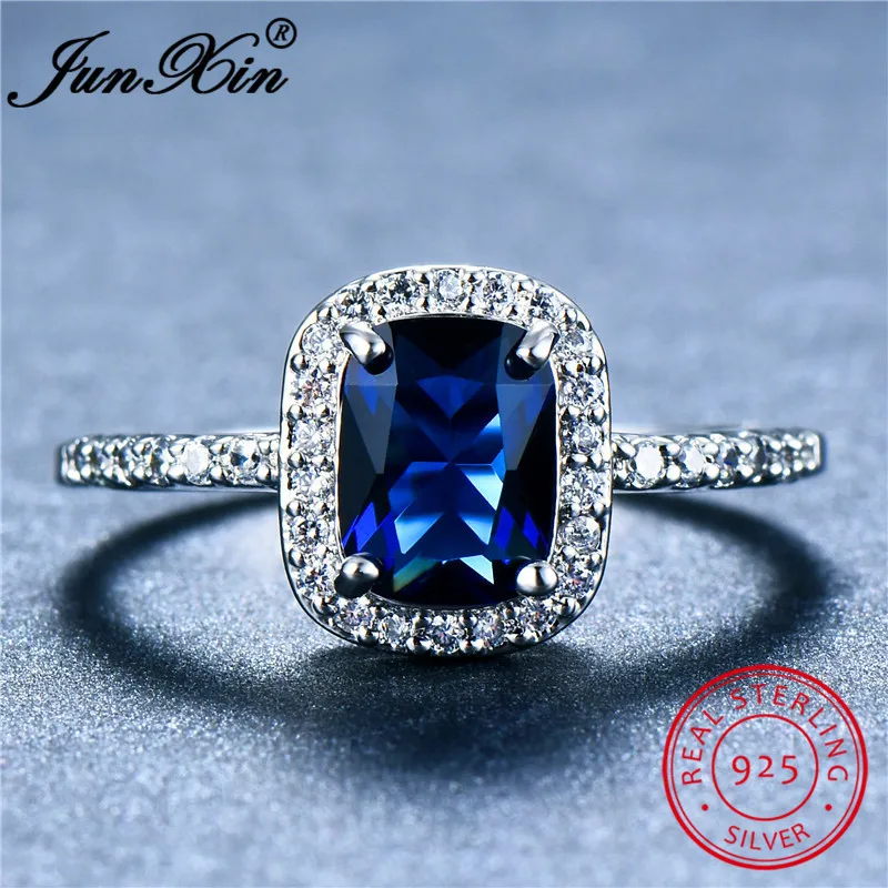 JUNXIN 100% Real s925 Sterling Silver Square Rings For Women Purple Green White Blue Zircon Rainbow Birthstone Ring Wedding Gift