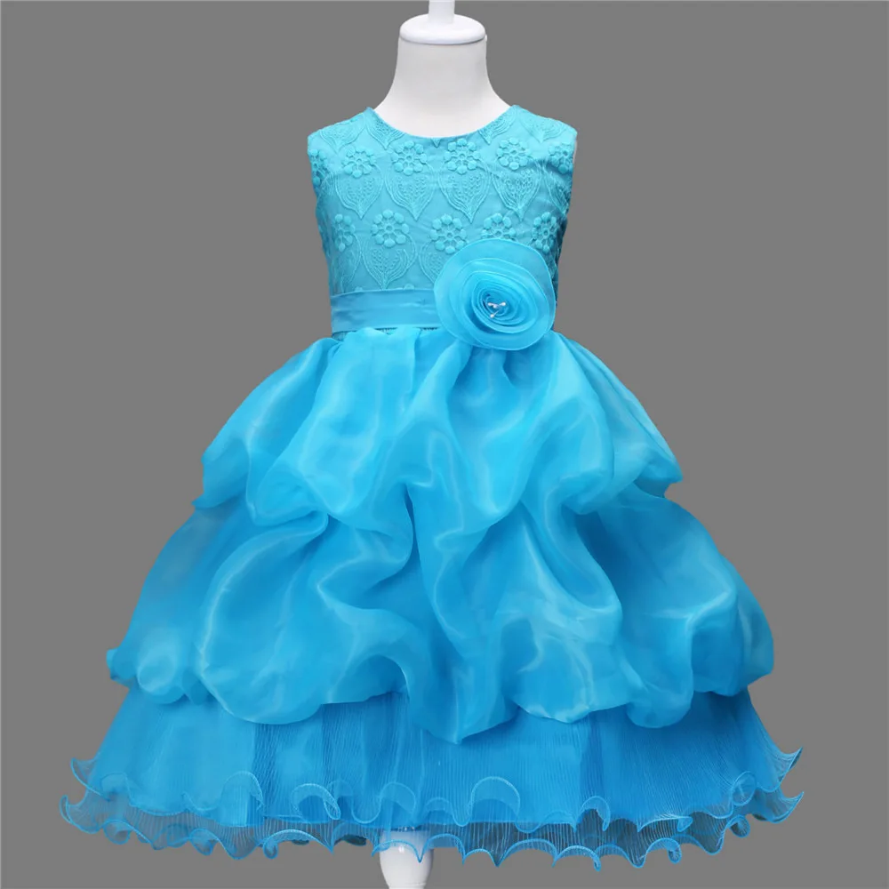 Fashion children party wear baby fashion summer clothes kids aqua blue flower girl wedding dresses for