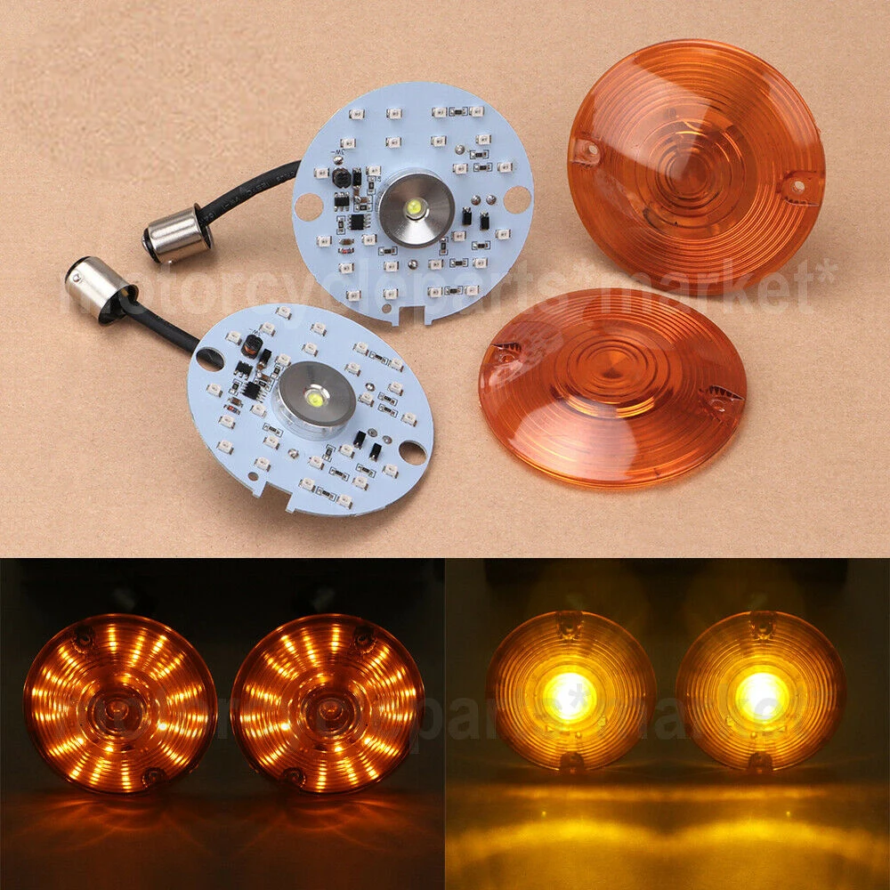 

1 Pair Dual Motorcycle 1157 LED Turn Signal Inserts Blinker Daytime Running Light + Amber Lens Cover For Harley
