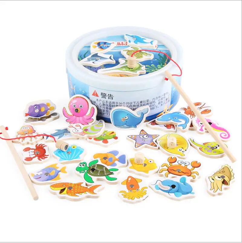 Baby Educational Toys 32Pcs Fish Wooden Fishing Toy Set Fish