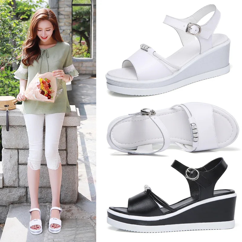

2019 spring and summer new fashion Korean casual shoes white wedge female sandals cake high heel women's shoes