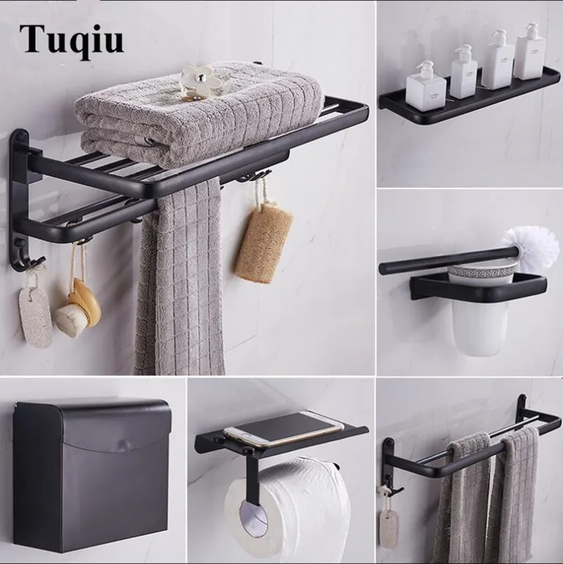Günstig Schwarz Badezimmer Zubehör Set Raum Aluminium Bad Hardware Sets Handtuch Rack, Papier halter Wc Pinsel Halter Robe Haken
